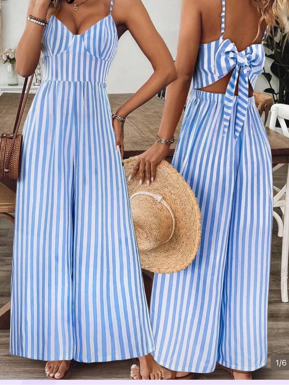 SHEIN Blue & White Striped Wide-Leg Jumpsuit with Back Bow